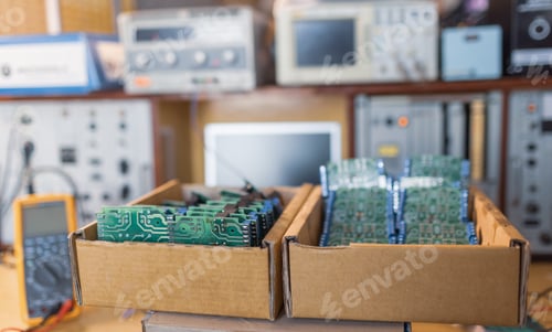 Preview: Close-up electric green embedded microcircuits in production