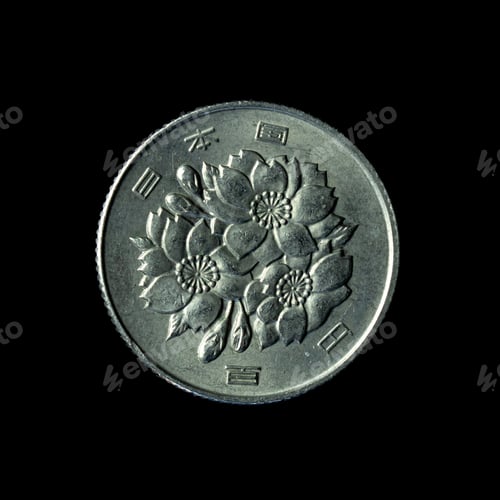 Preview: 1967 Japanese One Hundred Yen coin isolated on the black background