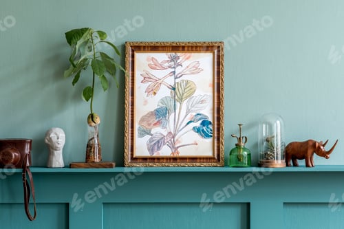 Preview: Stylish living room interior at apartment with mock up poster frame.