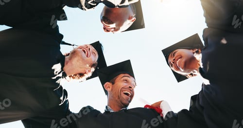 Preview: Excited, huddle and student with group of friends outdoor for celebration or education event. Futur