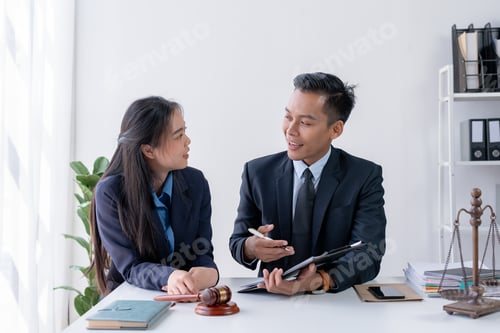 Preview: Lawyer engages with a smiling client during a legal consultation in a modern office.