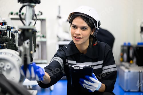 Preview: Professional female engineer with robotic machine at factory