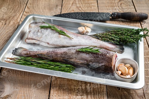 Preview: Raw cod whole fish in steel kitchen tray with thyme and rosemary. Wooden background. Top view