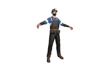 Preview: Worker in striped shirt and overalls with outstretched arms