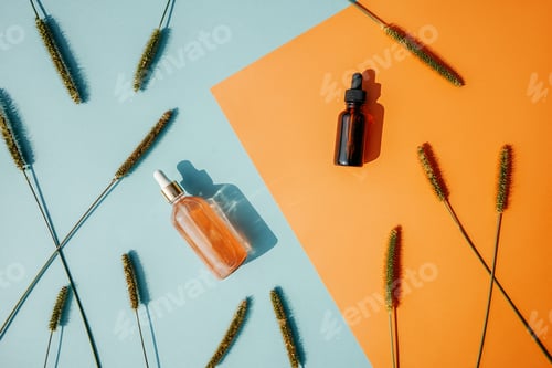 Preview: Face serum bottles on blue and orange bacgrounds.