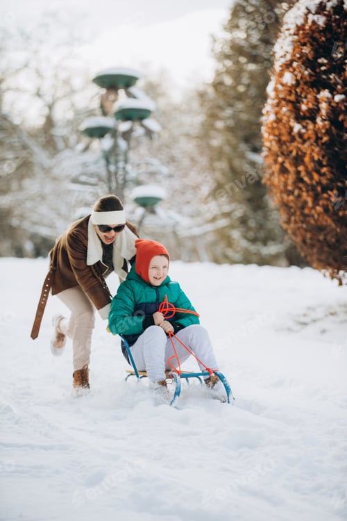 Preview: Mother pushing son on sled in winter park
