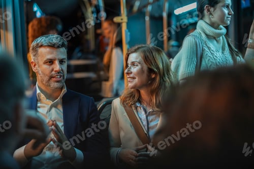 Preview: Business Colleagues Engaged in Conversation During Evening Commute