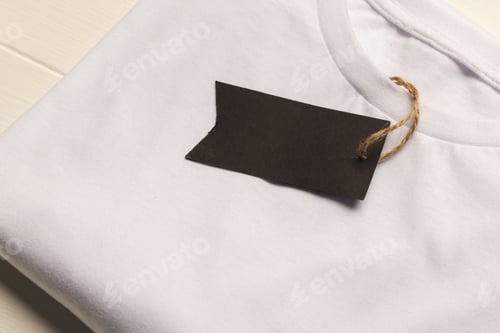 Preview: Close up of flat lay of white t shirt with tag and copy space on white boards background