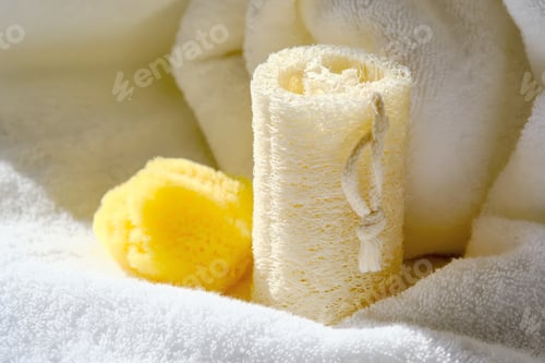 Preview: Loofah washcloth and organic sea sponge on the background of towel.