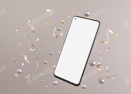 Preview: Elegant smartphone mockup with a blank screen floating amidst a celebratory backdrop of golden stre