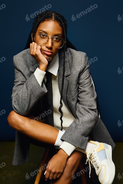 Preview: A young woman in a gray blazer and tie rests her chin, radiating confidence.