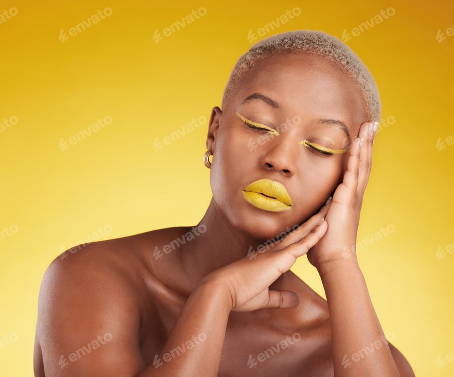 Cover for Face, creative makeup and lipstick with a black woman in studio on a yellow background for beauty o