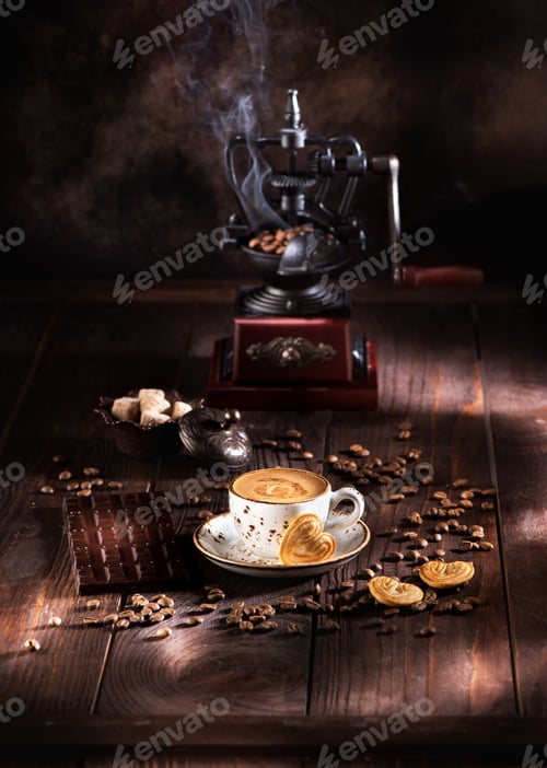 Preview: Coffee with chocolate. Still life with coffee grinder