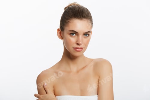 Preview: Beauty face of young woman. Skin care concept. Closeup portrait isolated on white