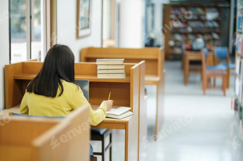 Preview: Student sitting and studying at library.