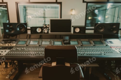 Preview: view of sound producing equipment at recording studio with armchair on foreground