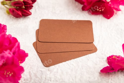 Preview: Brown business card with purple azalea flowers on gray concrete background. side view, copy space.