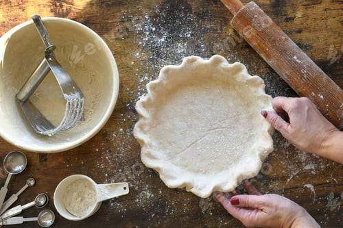 Vorschau: Frau macht einen Kuchen Teig Kruste Gebäck über Kopf hoher Winkel flach legen - Essen Dessertbacken