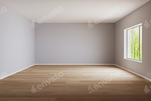 Preview: Empty room for mockup. Empty room with light wall and wooden floor.3d rendering.