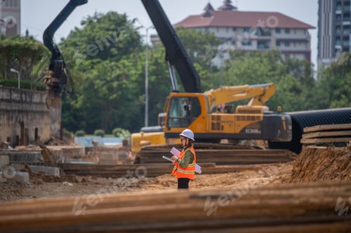 Preview: Engineer worker operations construction plans large black drainage pipe