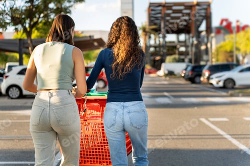 Preview: Gen z friends pushing shopping cart in parking lot