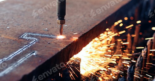 Preview: Oxygen torch cuts steel sheet. CNC gas cutting machine. Bright sparks