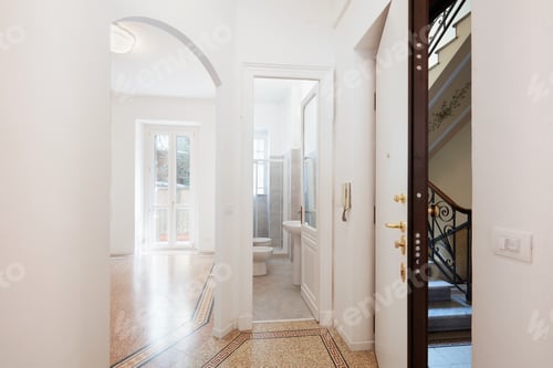 Preview: Empty renovated apartment entrance, bathroom and living