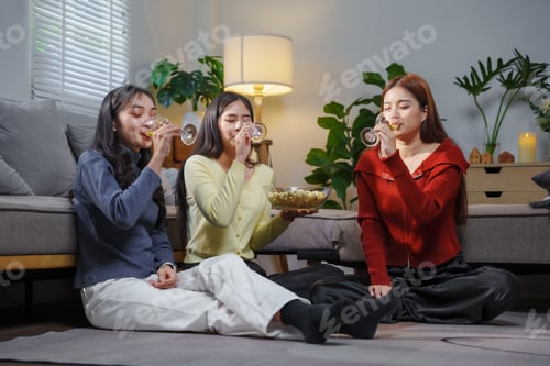 Preview: Young Women Enjoying Wine and Snacks Together