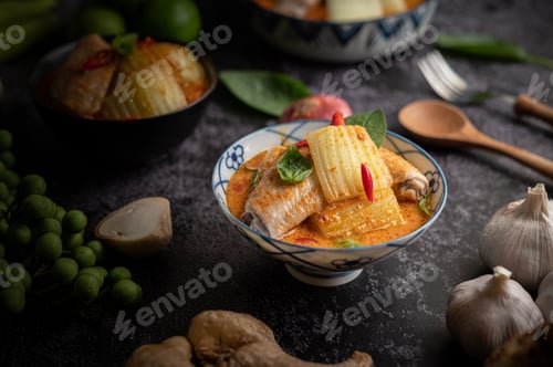 Preview: Chicken curry with winter melon, with mushroom, garlic, chilli and basil.