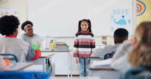 Preview: Class, happy child and presentation for learning, education or knowledge in elementary school. Girl