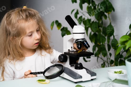 Preview: Young Girl Examining Specimen Under Microscope Indoors