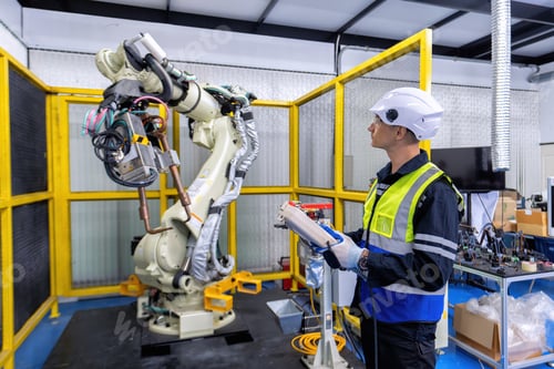 Preview: Engineer service robot welding in factory software programming operation test and commissioning