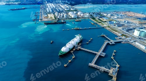 Preview: LNG (Liquified Natural Gas) tanker anchored in Gas terminal gas tanks for storage.