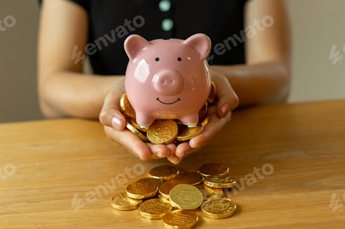 Preview: An asian female student holding a piggy bank The other hand holds a gold coin, concept of saving mon
