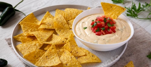 Preview: Homemade cheesy dip with yellow tortilla chips on a white wooden background, low angle view.
