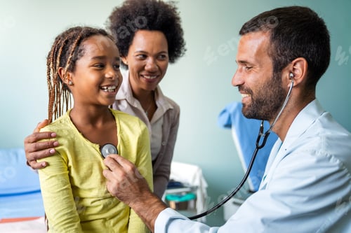 Preview: Pediatrician examining a little african girl at hospital. Healthcare, people concept
