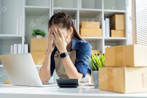 Preview: Young woman online business owner stress problem about preparing a parcel box to prepare the package