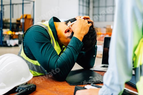 Preview: Stressed worker with hard work, Worker with impression portrait