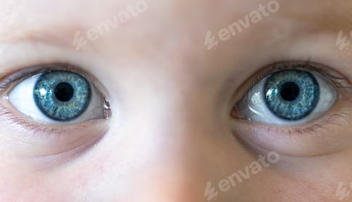 Preview: Close up of big blue eyes of a child.