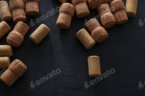 Preview: Wine bottle corks on black table, flat lay