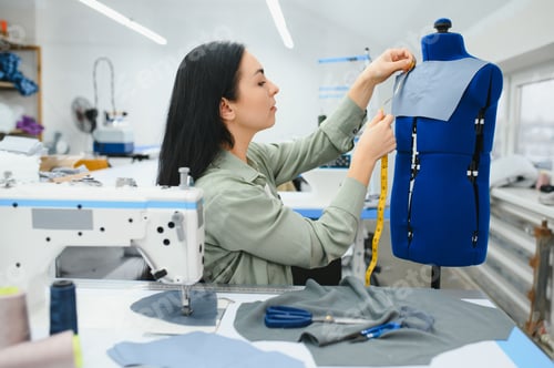 Preview: Happy female dressmaker working with sewing machine at textile factory.