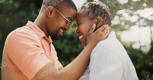 Preview: Outdoor, black couple and smile with love for commitment, connection and bonding together in marria