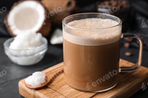 Preview: Delicious coffee with organic coconut oil on grey table