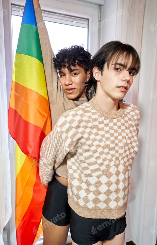 Preview: Happy gay couple with LGBT rainbow flag at home
