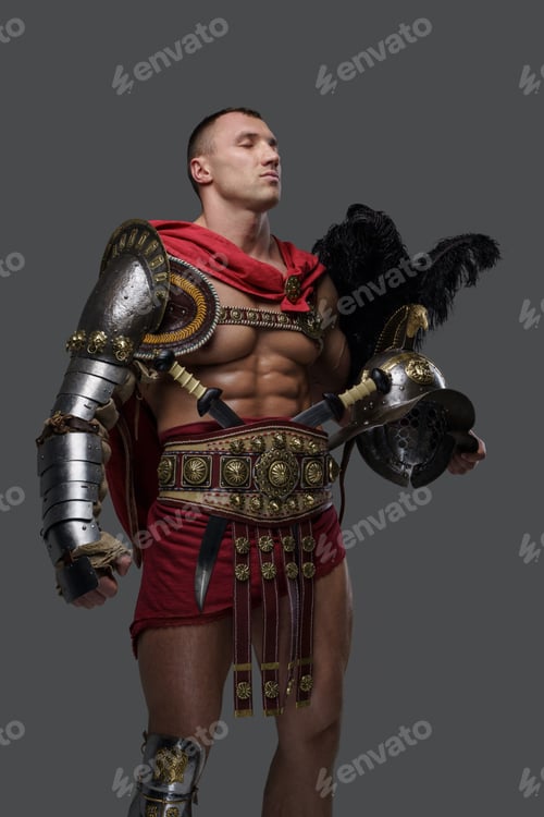 Preview: Legendary roman gladiator with red cloak and plumed helmet