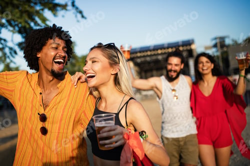 Preview: Group of friends having fun, traveling, smiling together outdoors