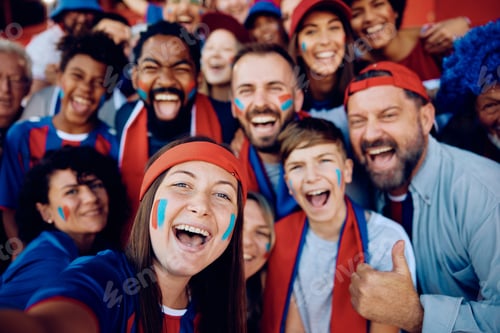 Preview: Group of happy sport fans having fun while taking selfie at the stadium.