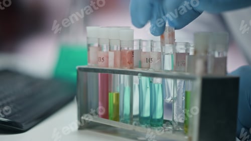 Preview: Medicine worker hands taking test tubes at experiment in laboratory close up.