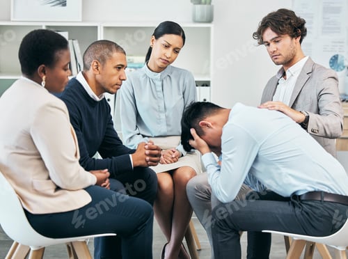 Preview: Depression, support and unity by colleagues comforting male after getting bad news at work. Communi