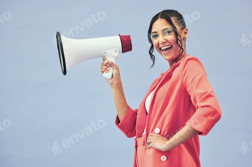 Preview: Portrait, megaphone and woman with a smile, announcement and speech on a blue studio background. Fa